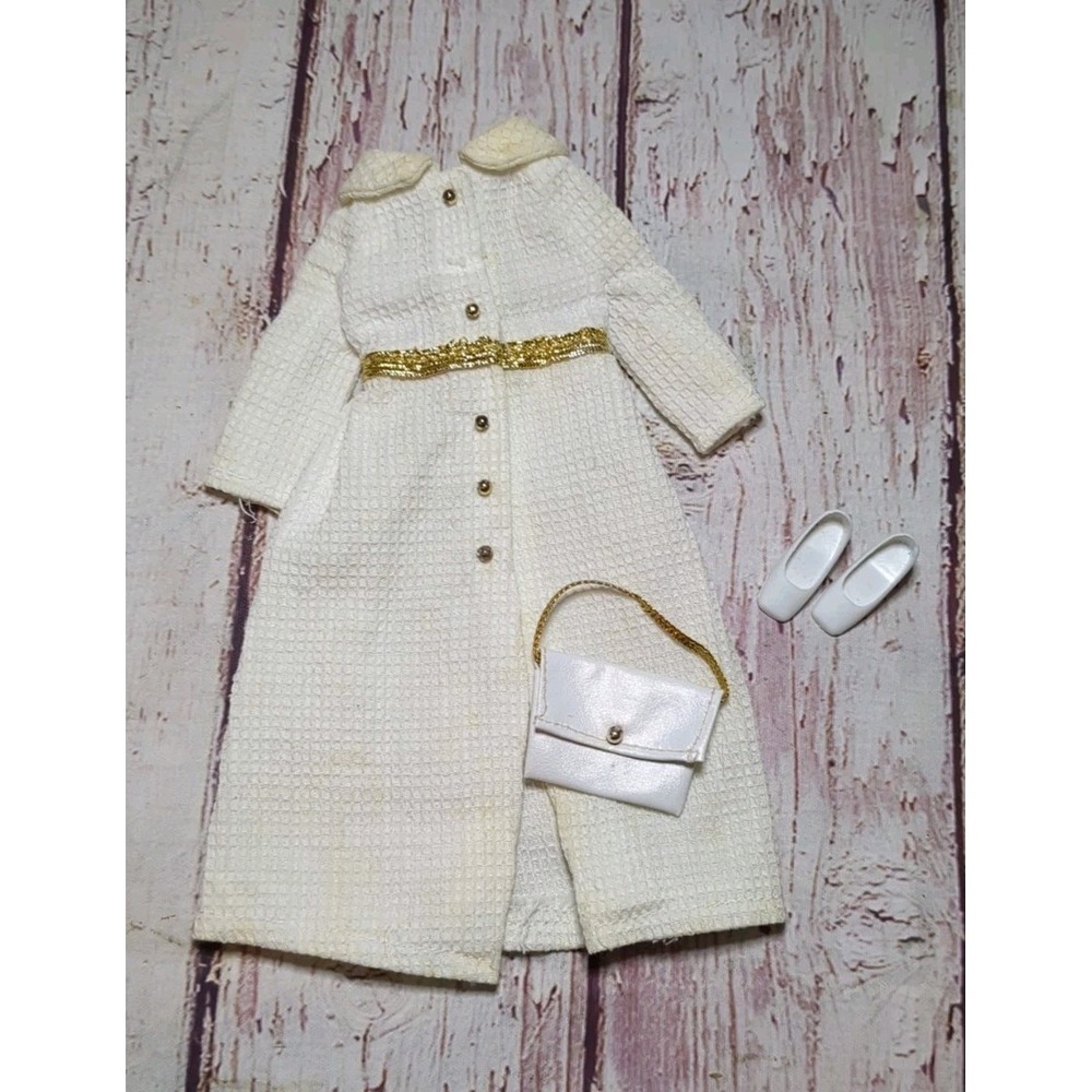 Vintage Mattel Skipper ~ White Bright N Sparkle‎ Long Coat W/ Purse & Shoes 1970